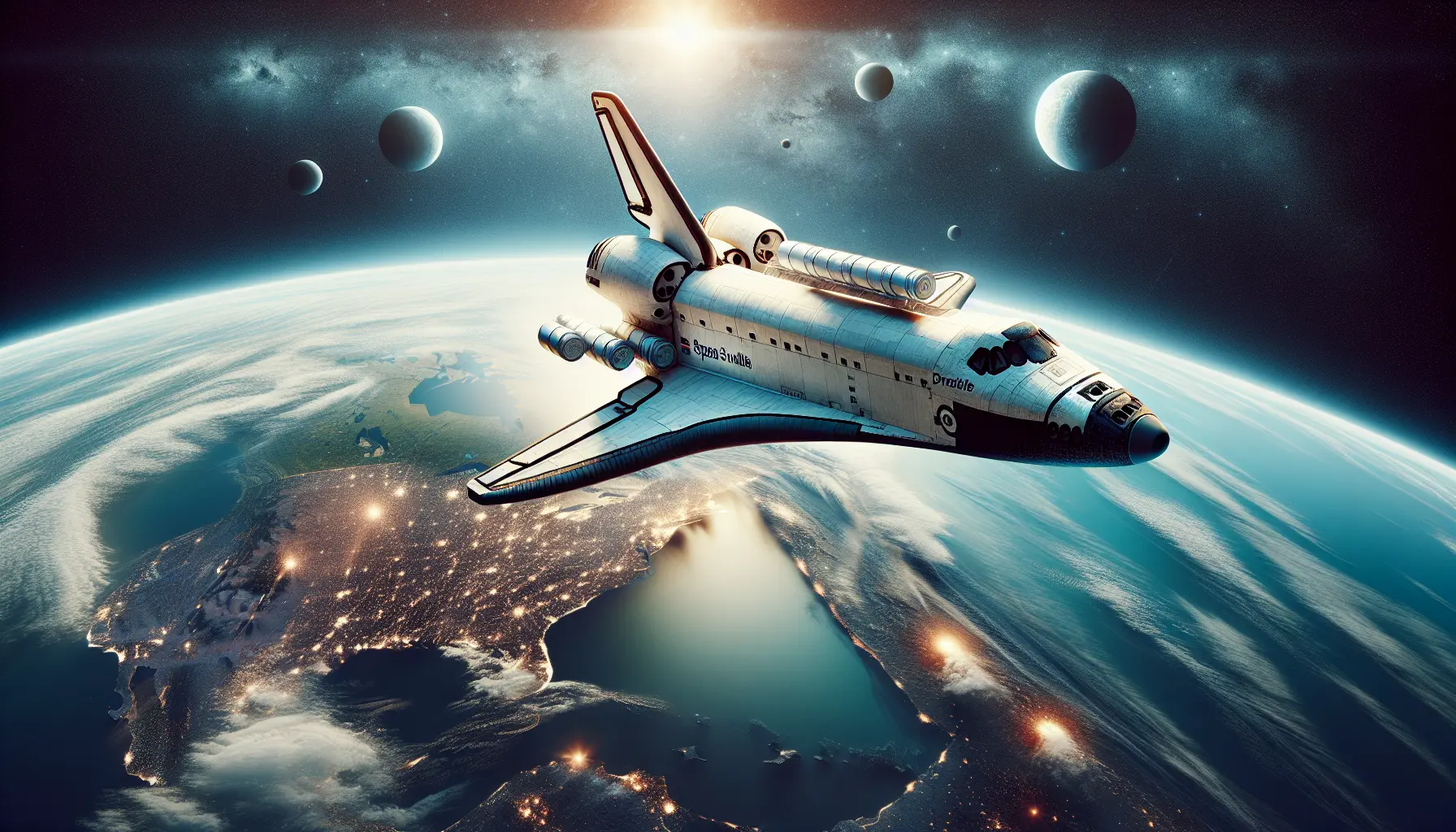 Un'immagine dello Space Shuttle in volo, con il cielo stellato sullo sfondo, rappresentando l'innovazione e l'esplorazione spaziale.