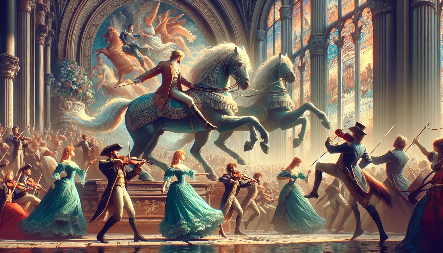 Scena dell'opera L'oro del Reno con elementi mitologici e musicali