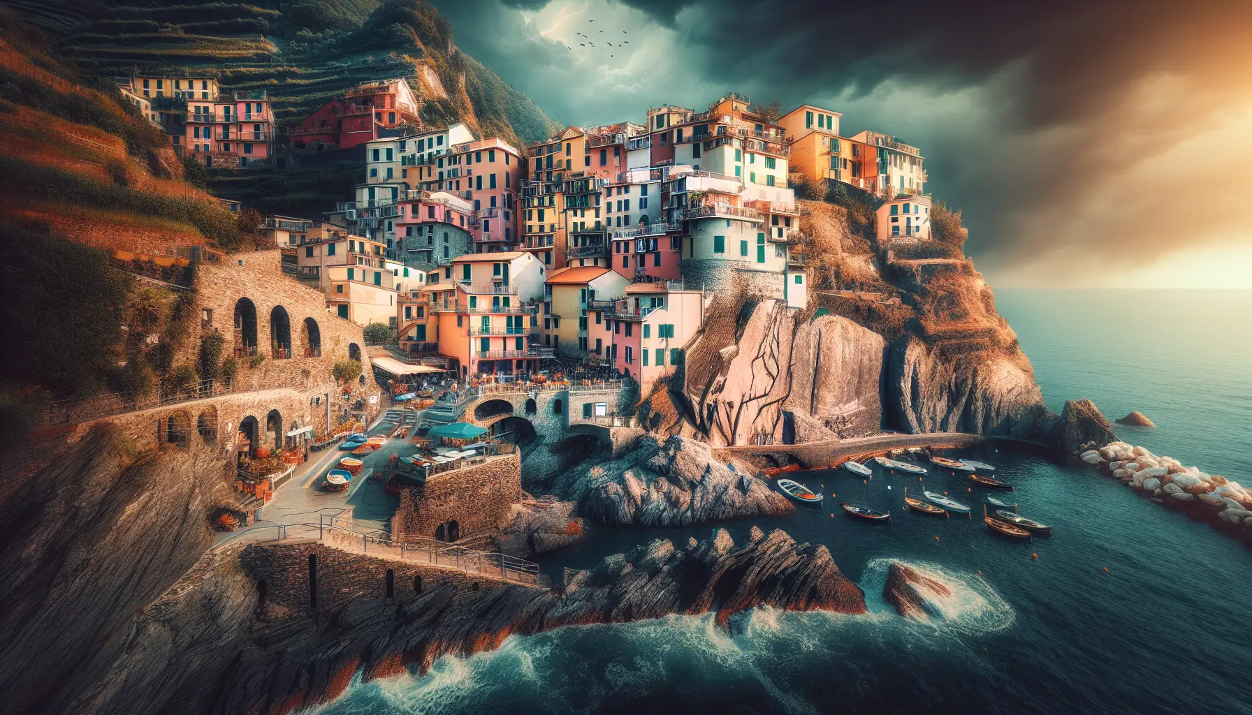 Vista panoramica del borgo di Manarola con le case colorate che si affacciano sul mare