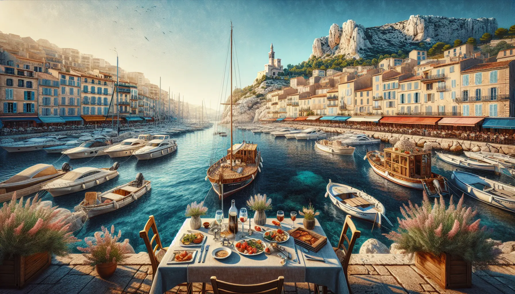 Vista panoramica del porto di Marsiglia con barche e il sole che tramonta sul Mediterraneo.
