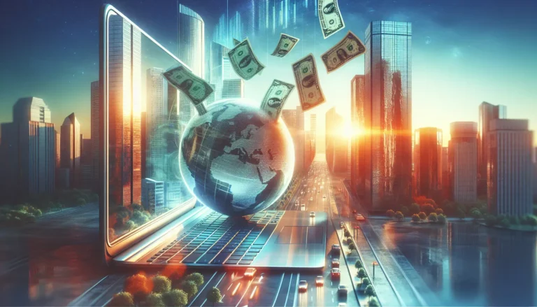 Un giovane che riflette su come risparmiare e investire in modo minimalista, circondato da oggetti essenziali e un computer.