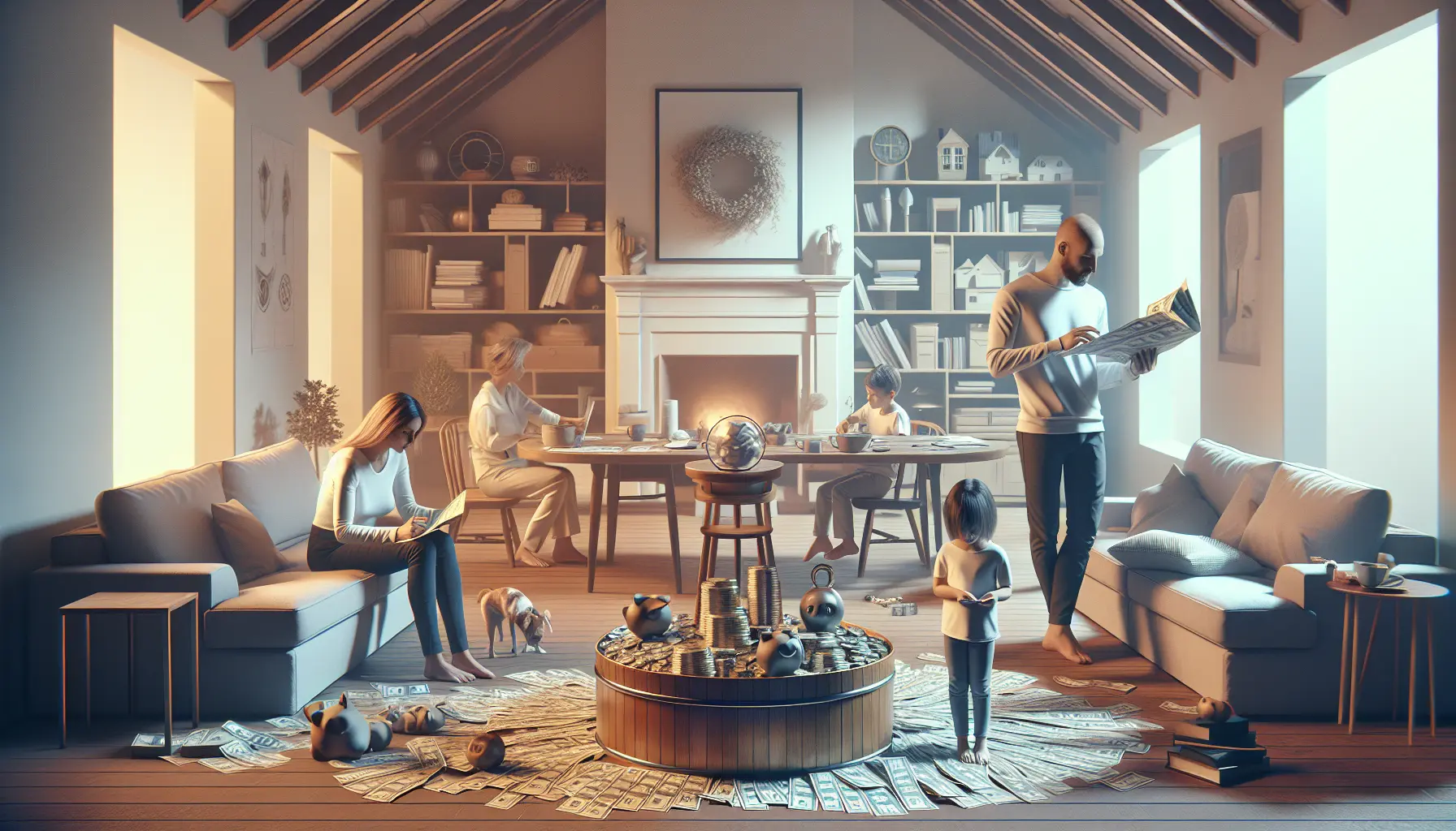 Una famiglia felice che discute di finanze in un ambiente sereno e minimalista.