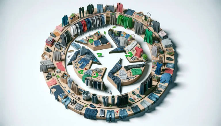 Un'immagine che rappresenta il concetto di moda circolare, mostrando abbigliamento sostenibile e pratiche di riciclo.