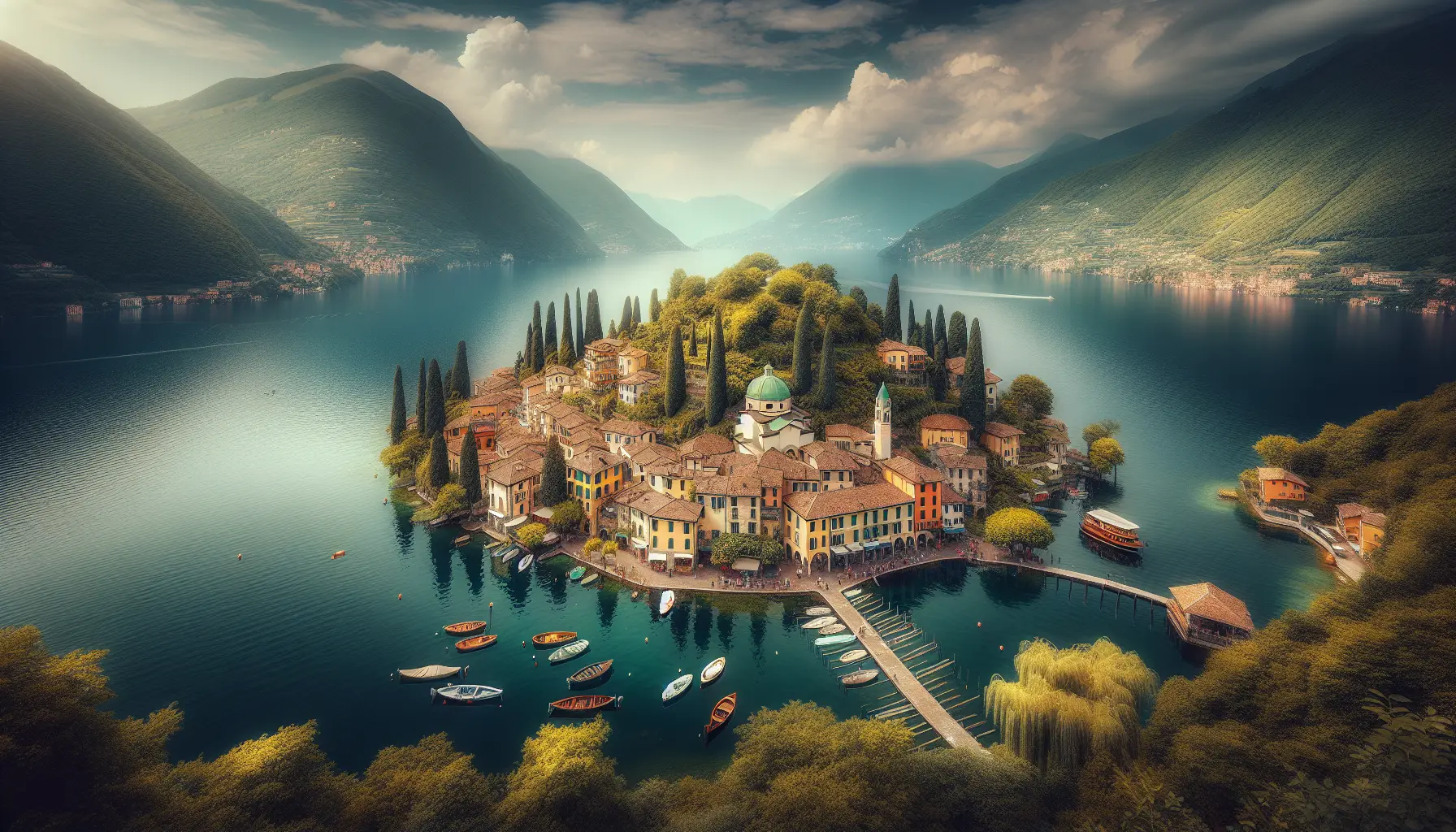 Vista panoramica di Monte Isola con il lago d'Iseo sullo sfondo, circondata da montagne verdi e cielo azzurro.
