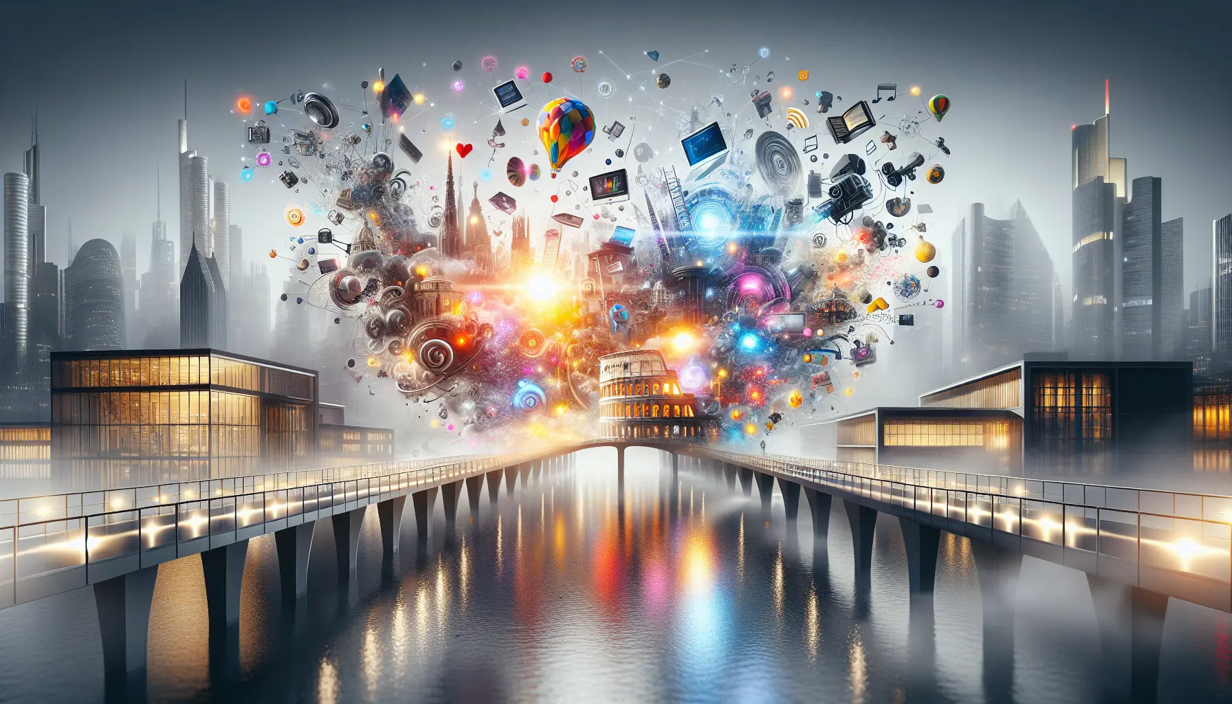 Un collage di diversi media che rappresentano la narrativa transmediale, inclusi libri, film e videogiochi.