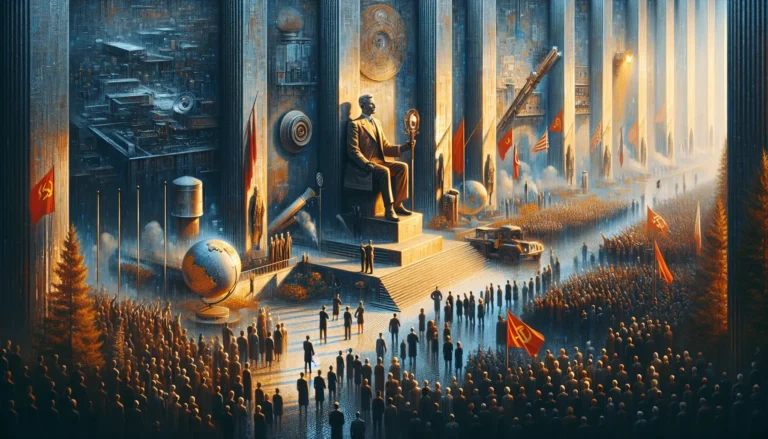 Ritratto di Nikita Chruščëv, politico sovietico, con un'espressione decisa e un contesto storico che riflette la Guerra Fredda.