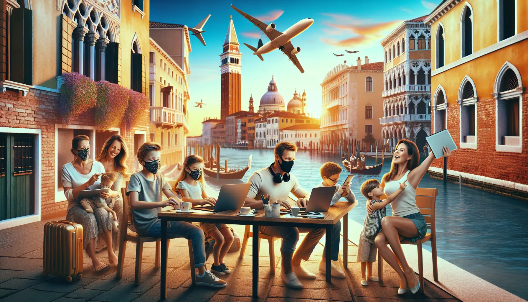 Famiglia che lavora con computer portatile mentre esplora una località tropicale