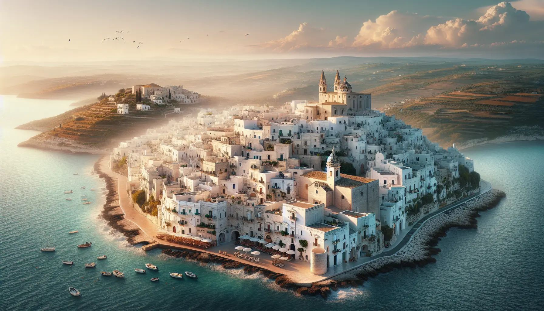 Vista panoramica di Ostuni, la Città Bianca, con le sue case bianche e il cielo blu.