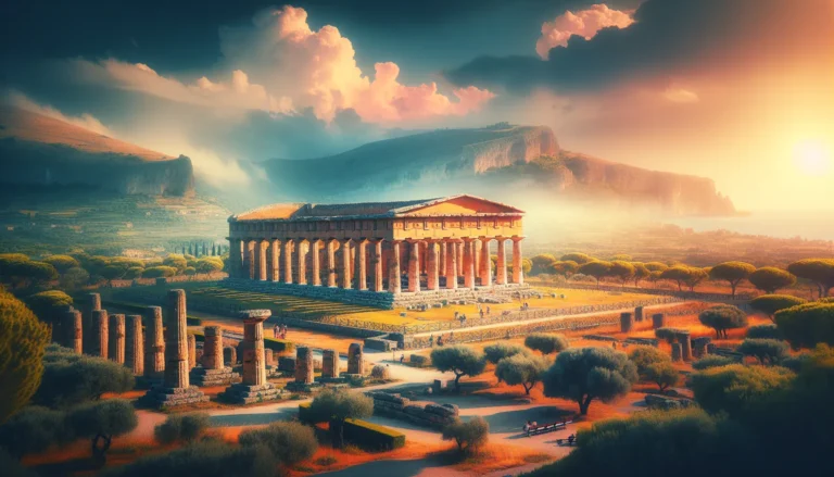 Vista panoramica dei templi greci di Paestum, circondati da un paesaggio naturale mozzafiato.