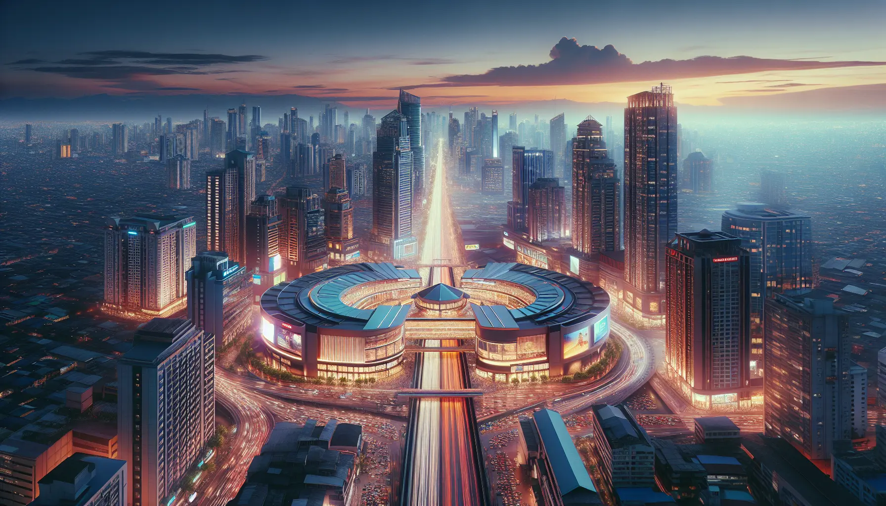 Vista panoramica di Pasay City con il Mall of Asia e Manila Bay sullo sfondo