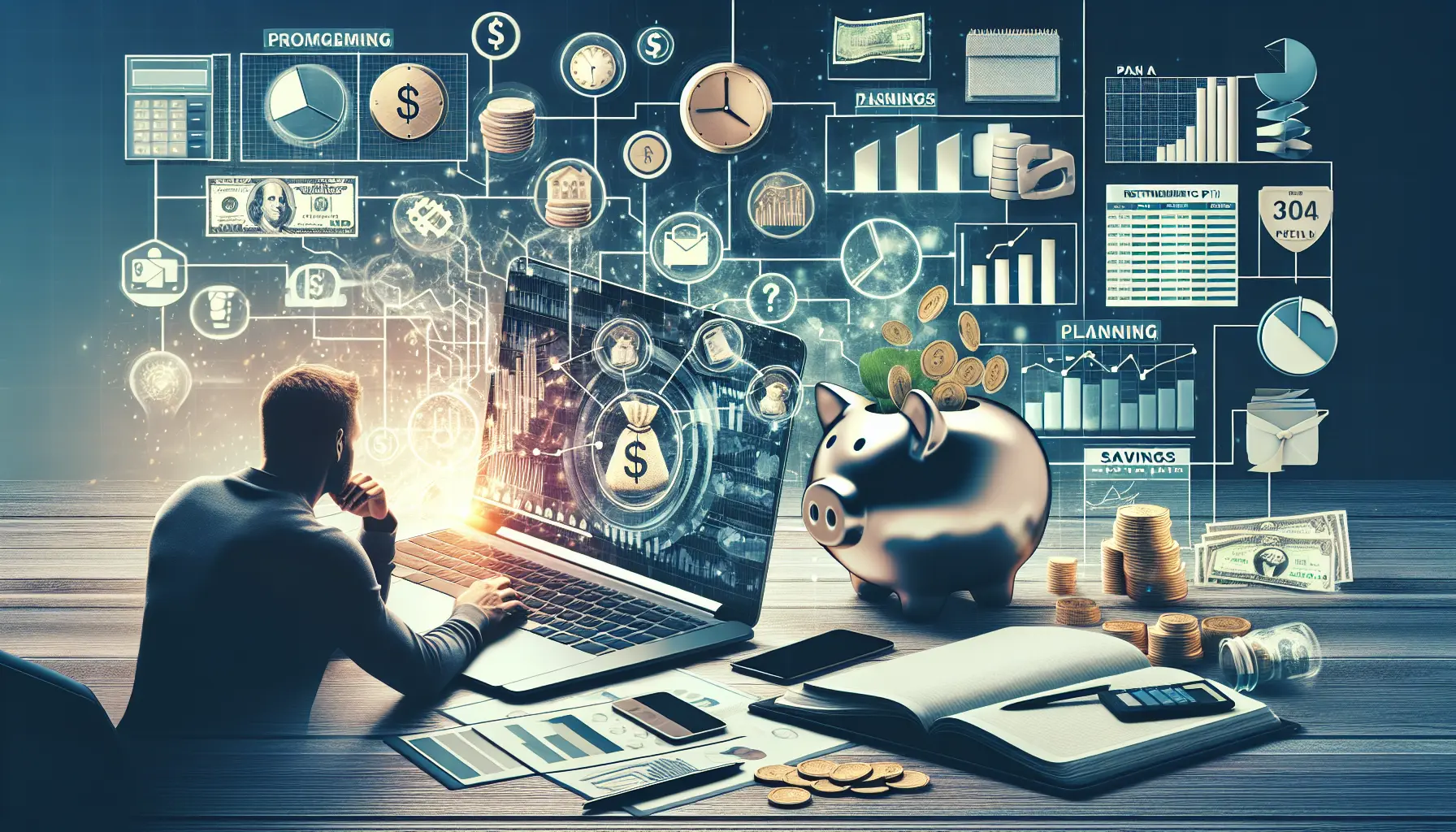 Un freelance che lavora al computer con una tazza di caffè e documenti finanziari sul tavolo