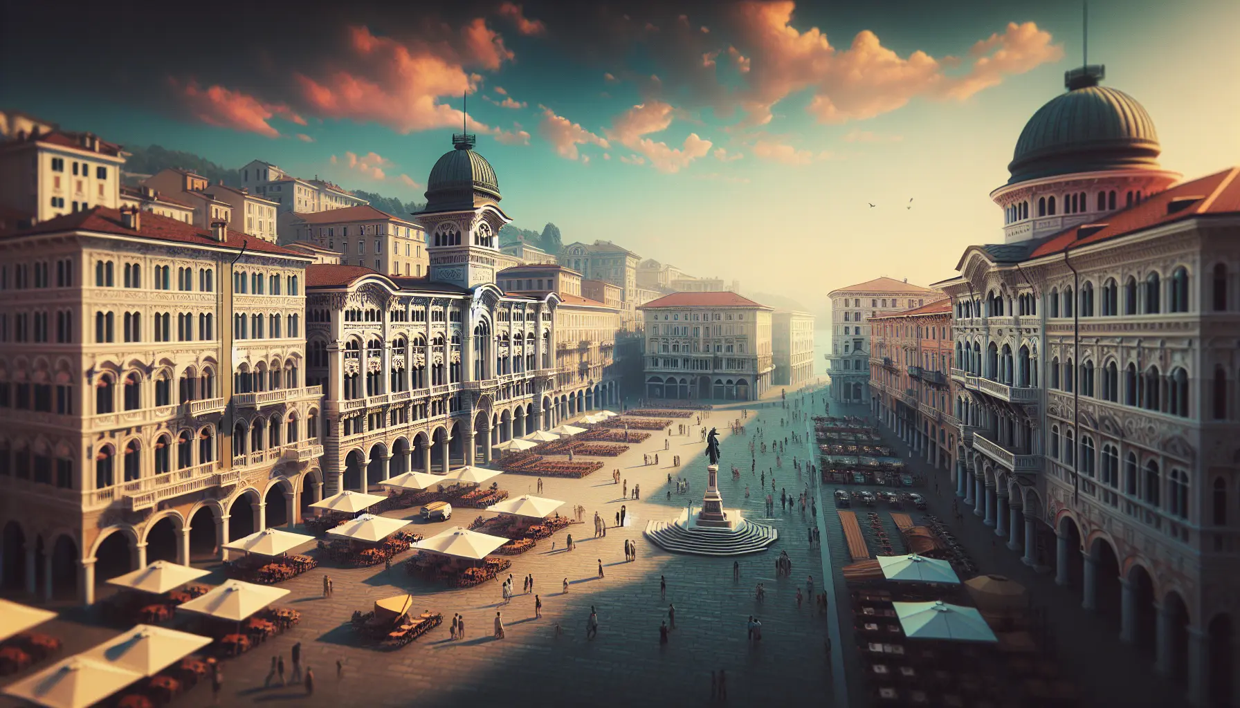 Vista panoramica di Piazza Unità d'Italia con i suoi storici edifici e il mare sullo sfondo