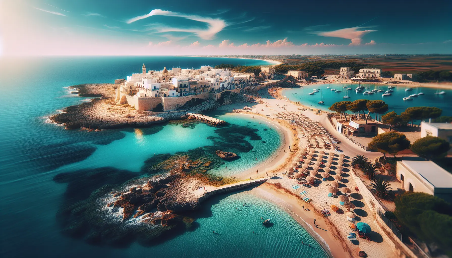 Una vista panoramica delle spiagge di Porto Cesareo con acque turchesi e sabbia dorata.