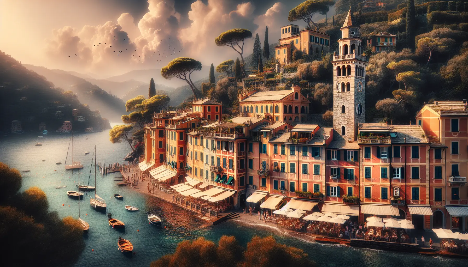 Panorama di Portofino con il suo pittoresco porto e le case colorate che si affacciano sul mare