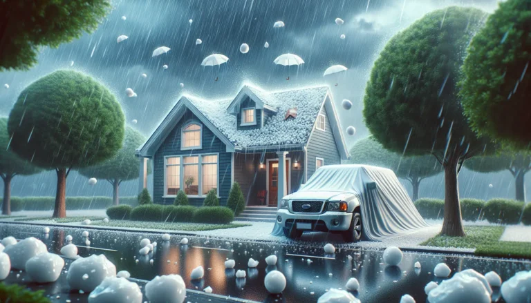 Una casa e un'auto sotto una tempesta di grandine, evidenziando la necessità di protezione dai danni.