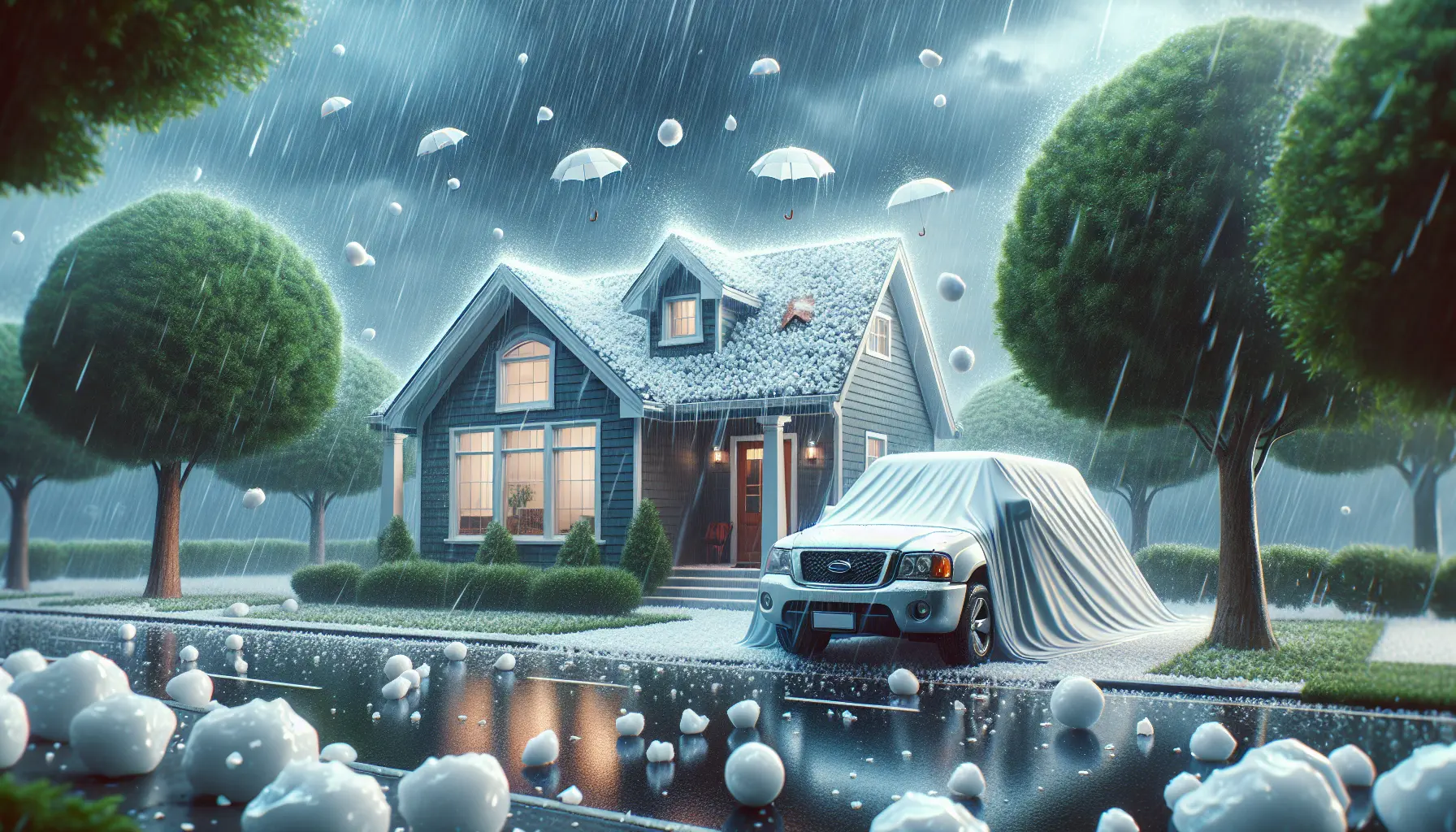Una casa e un'auto sotto una tempesta di grandine, evidenziando la necessità di protezione dai danni.