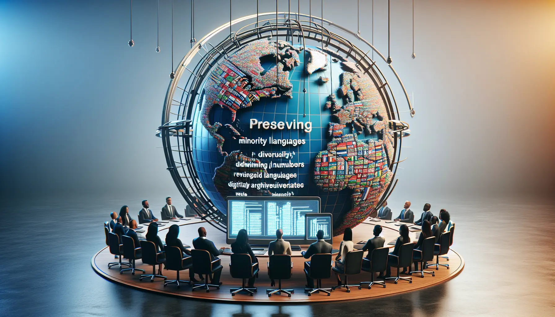 Un gruppo di persone che partecipa a un evento culturale dedicato alla lingua minoritaria, con libri e risorse linguistiche in evidenza.
