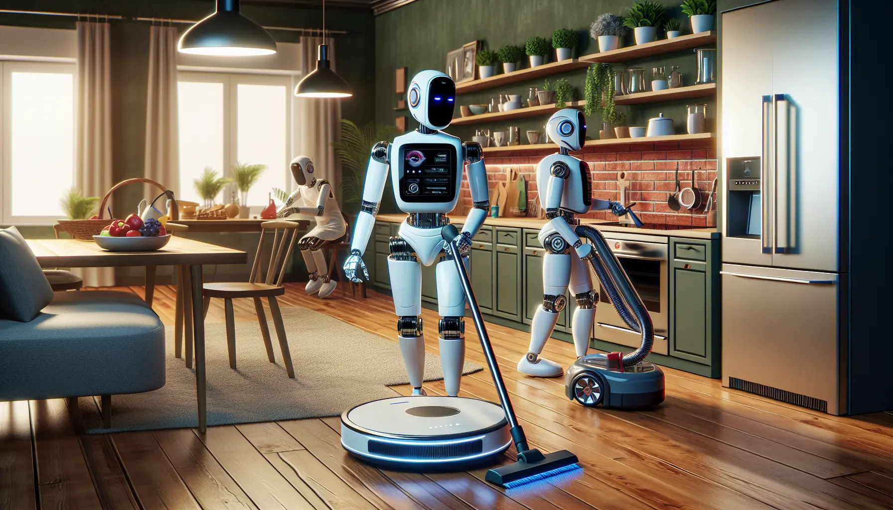 Un robot aspirapolvere in azione mentre pulisce un pavimento moderno.