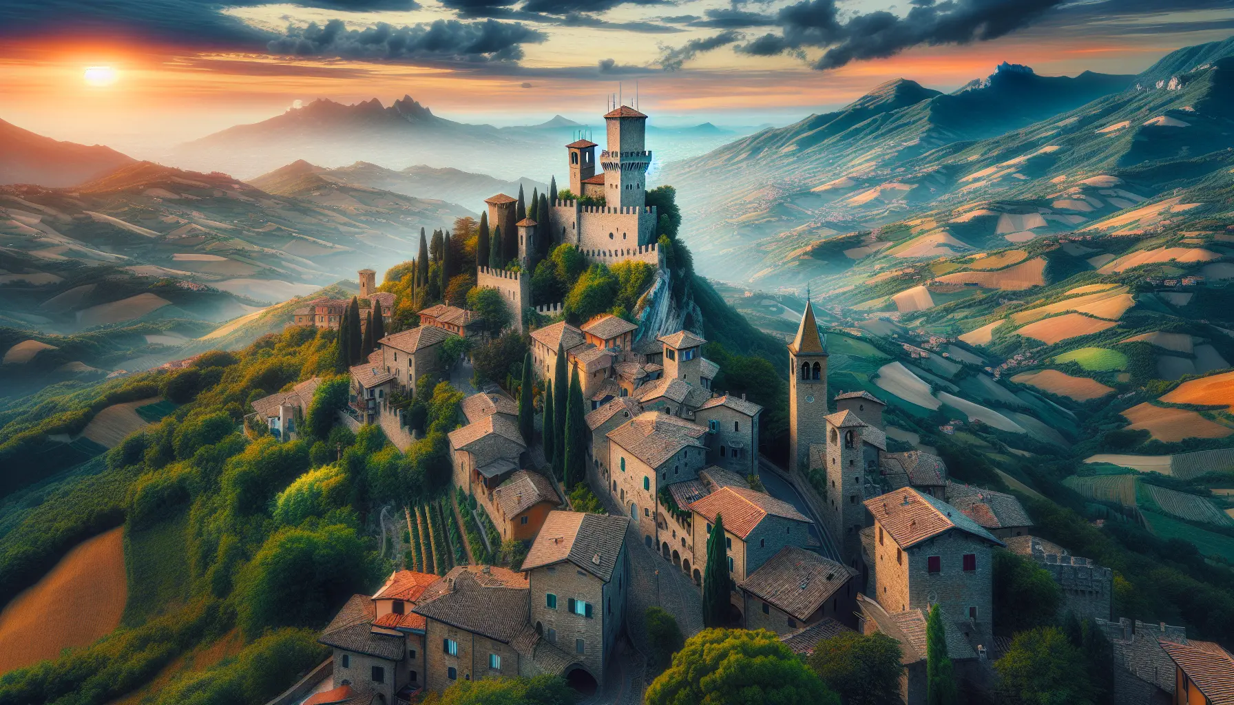 Vista panoramica delle torri medievali di San Marino con il cielo azzurro sullo sfondo.