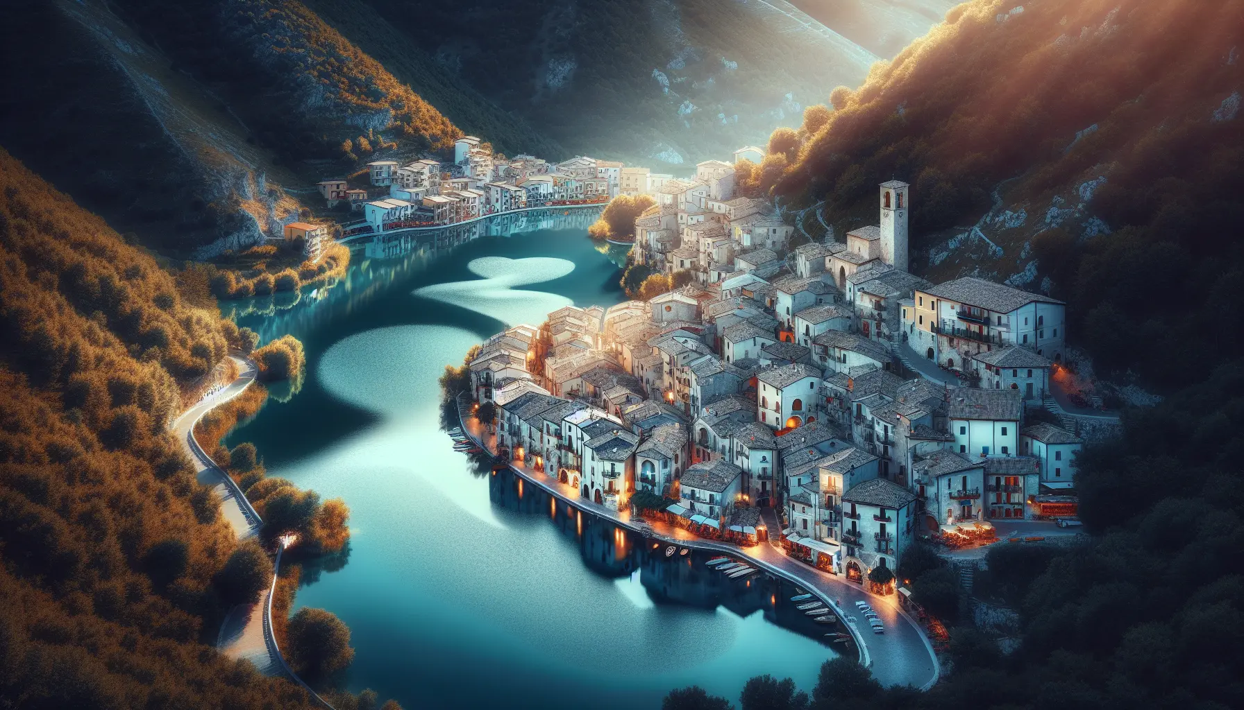 Panorama del lago a forma di cuore di Scanno circondato da montagne verdi