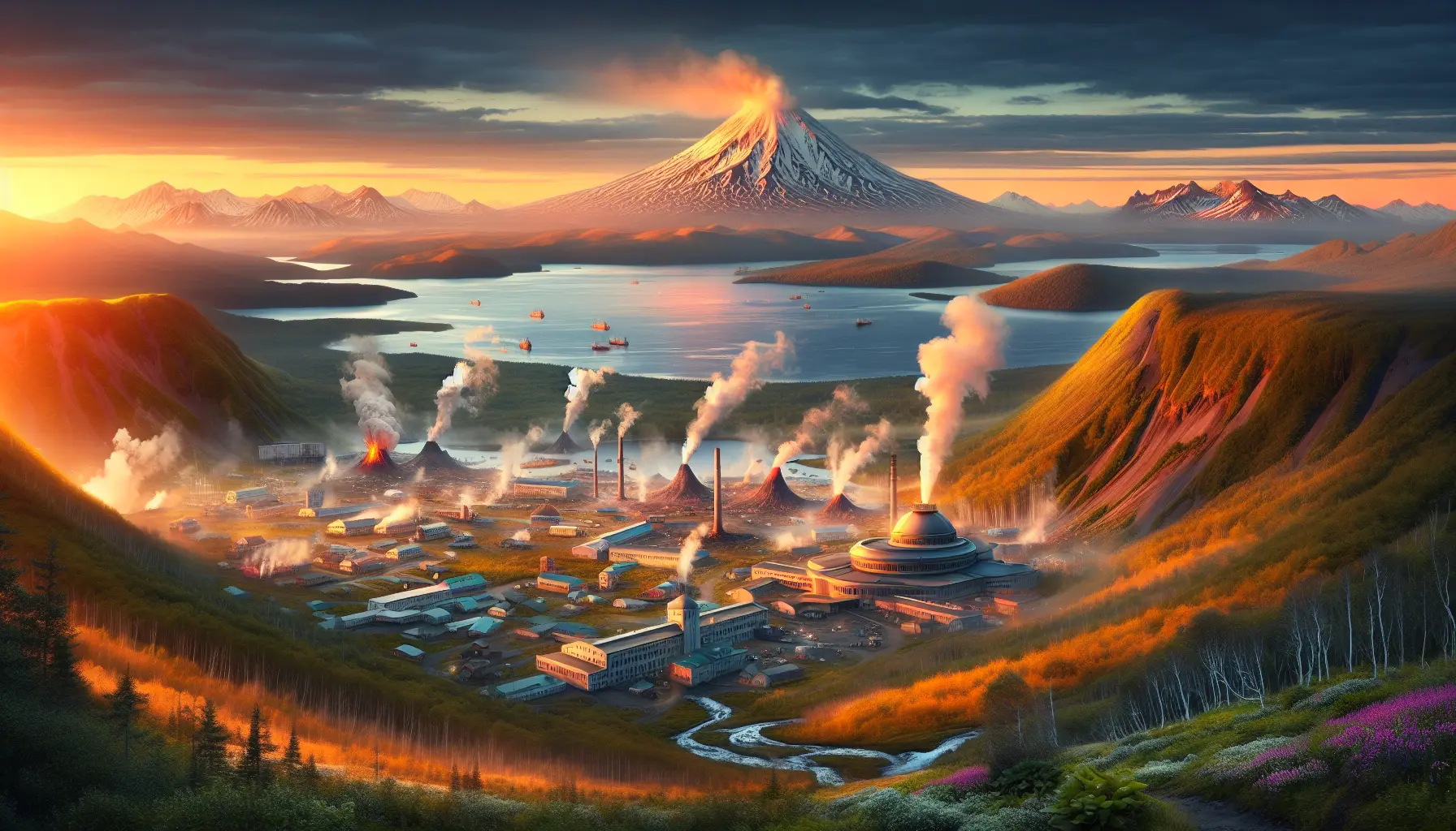 Un panoramico vulcano attivo di Kamchatka circondato da natura verde e selvaggia.