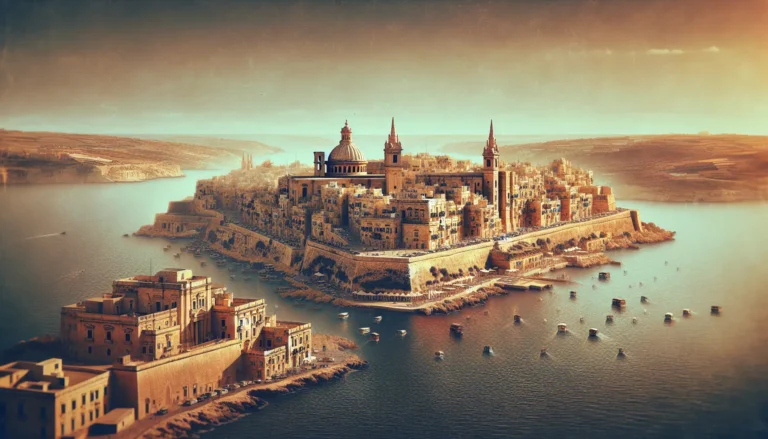 Vista panoramica di La Valletta, capitale di Malta, con il mare blu e le storiche fortificazioni.