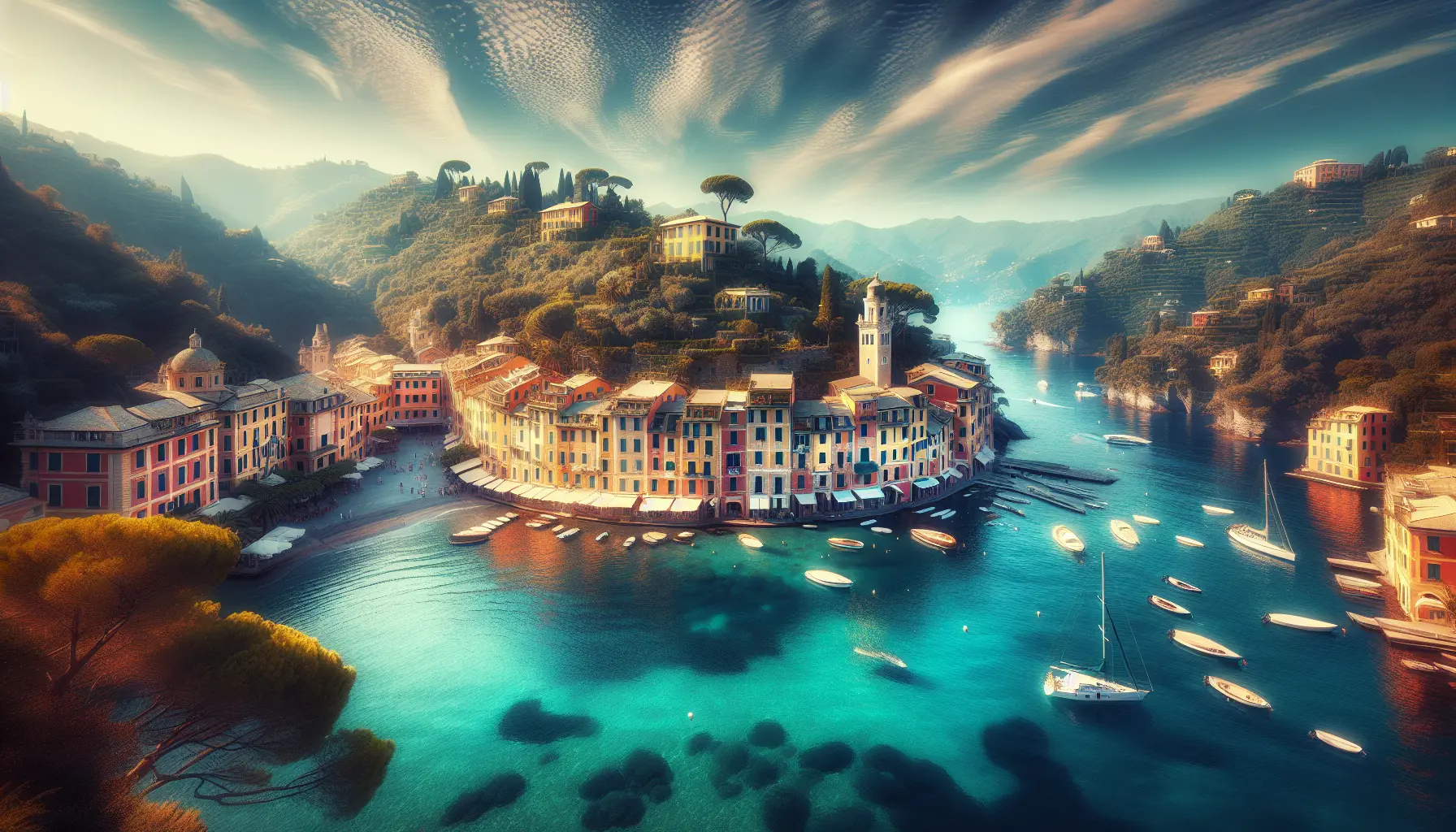 Vista panoramica del porto di Portofino con le sue case colorate e il mare cristallino
