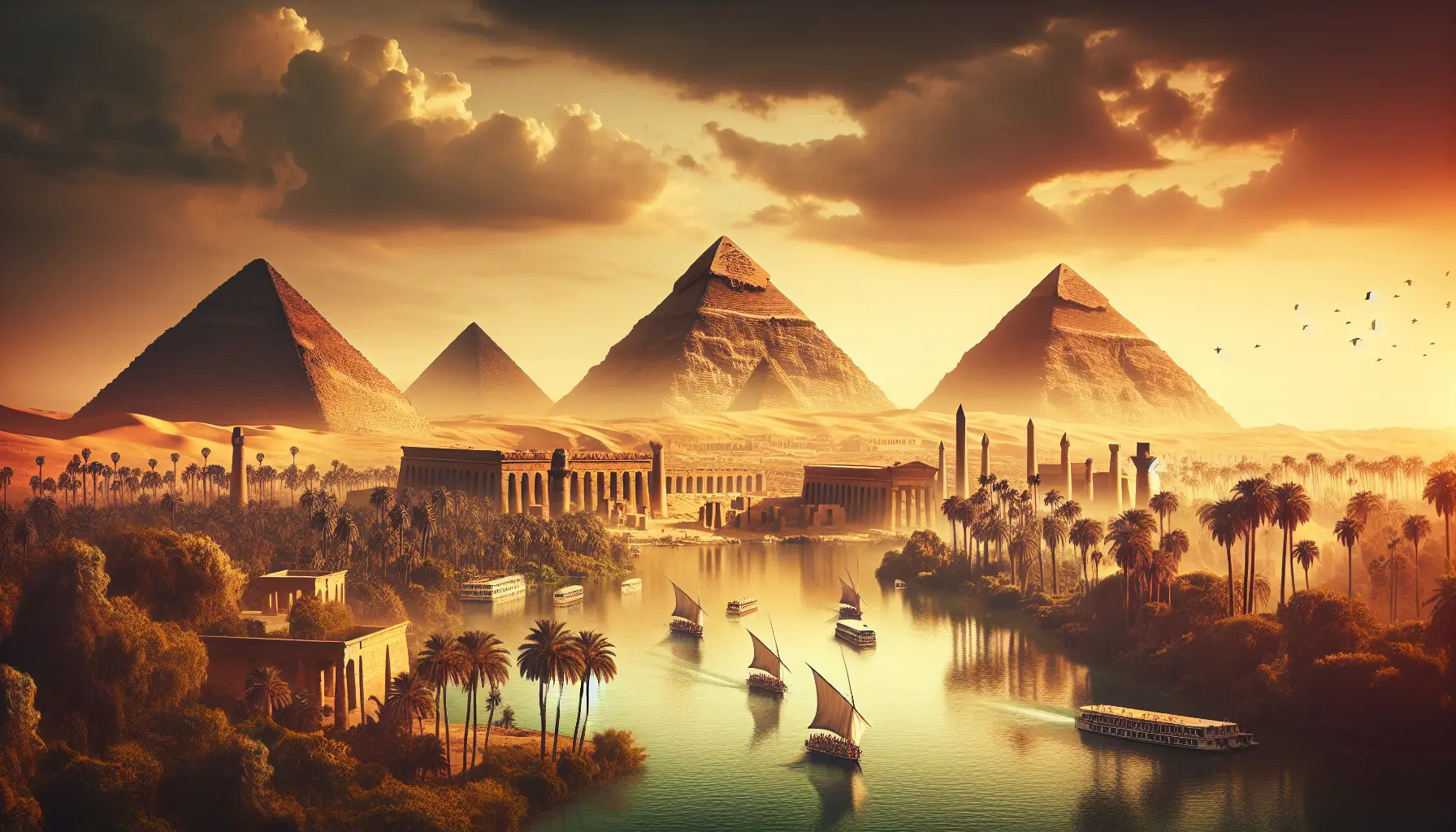 Panorama delle piramidi di Giza al tramonto, simbolo dell'antica civiltà egizia.