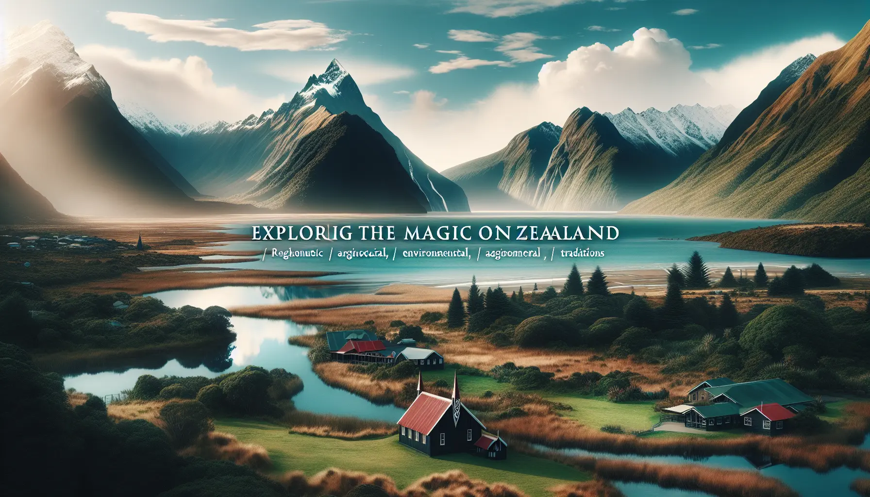 Paesaggio della Nuova Zelanda con montagne, laghi e foreste lussureggianti.