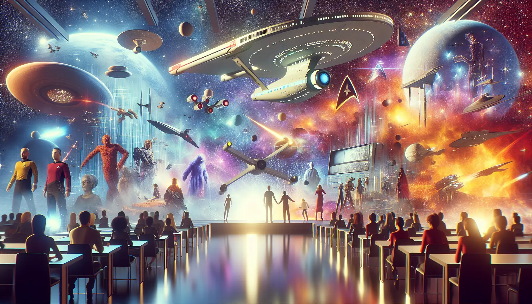 Un'immagine dell'USS Enterprise in volo tra le stelle, rappresentando l'esplorazione e l'innovazione di Star Trek.