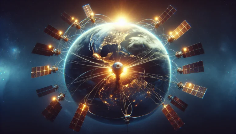 Un'immagine che rappresenta una rete di satelliti in orbita che forniscono connettività Internet globale.