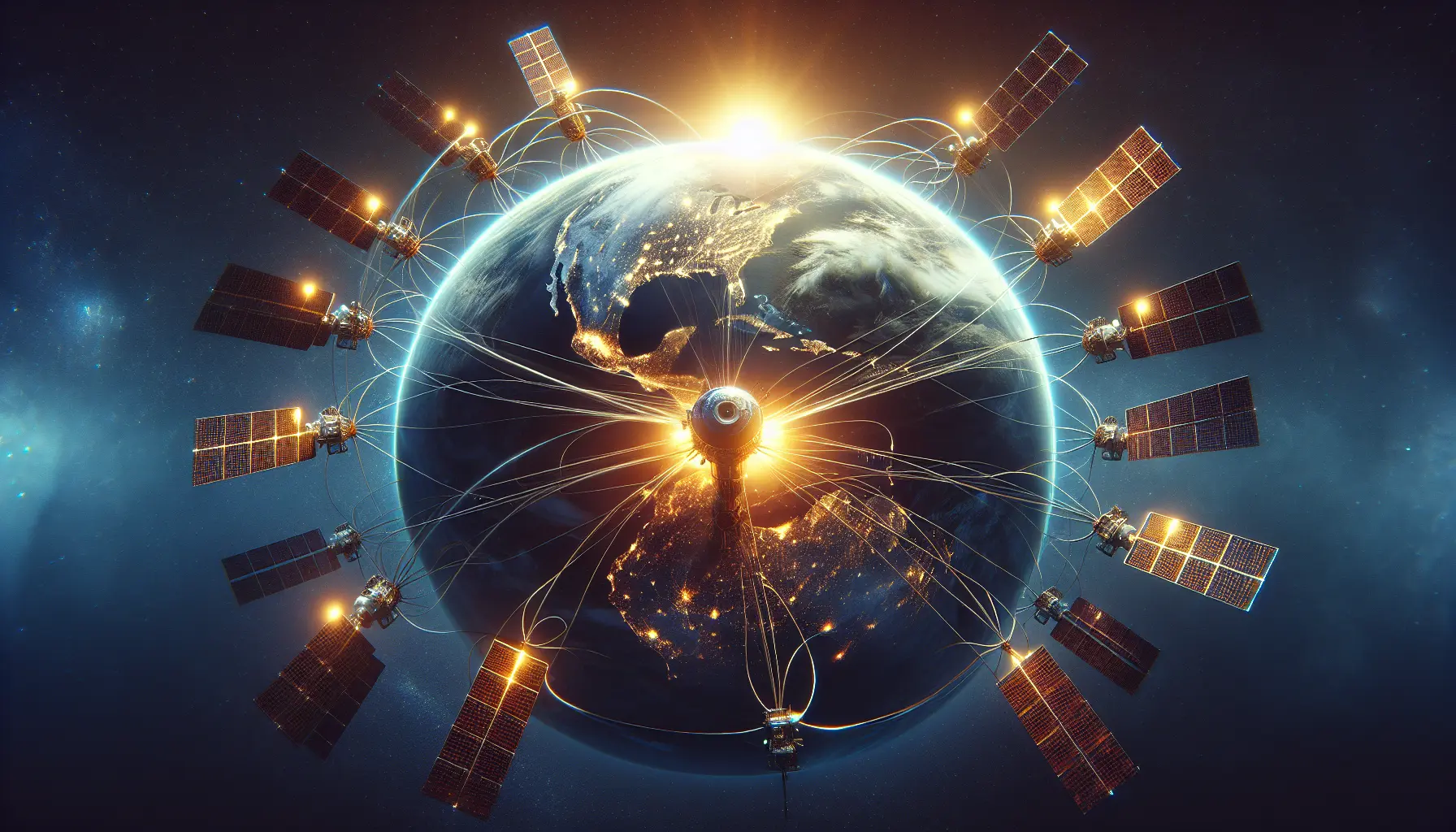 Un'immagine che rappresenta una rete di satelliti in orbita che forniscono connettività Internet globale.