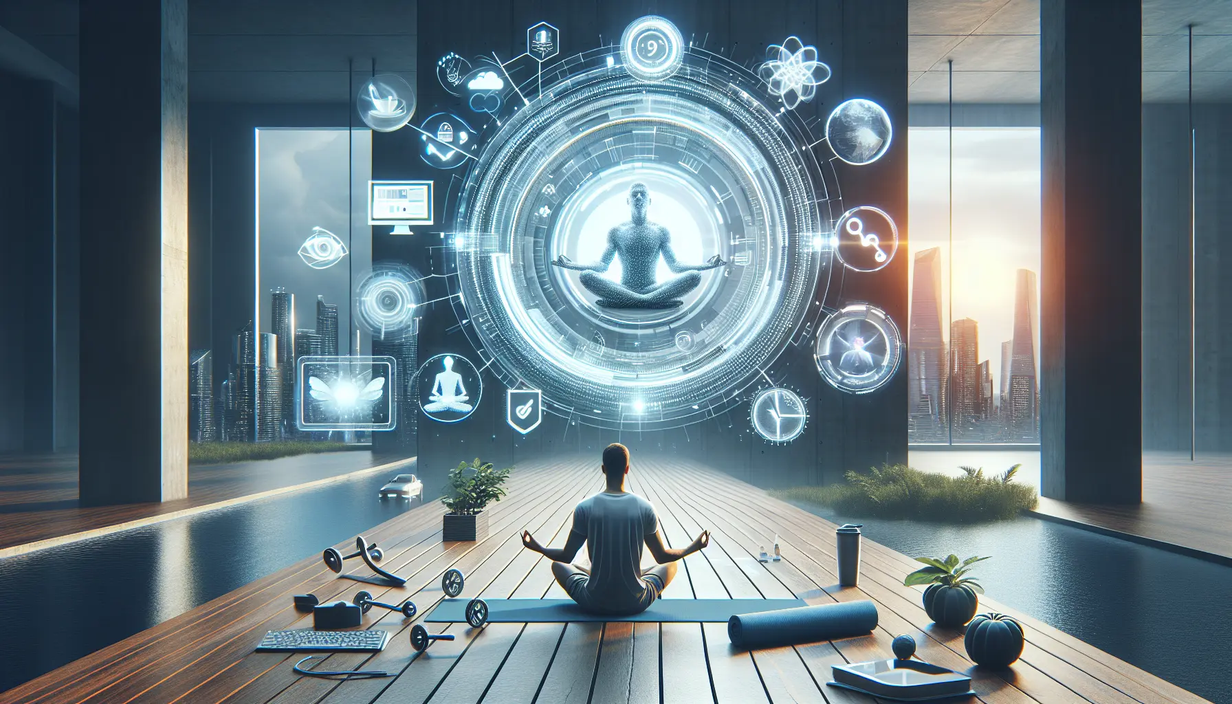 Una persona che medita in un ambiente sereno, circondata da piante e natura, simboleggiando il benessere mentale e la riduzione dello stress.