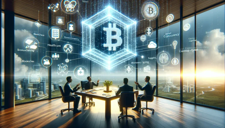 Rappresentazione visiva della tecnologia blockchain con nodi e catene che simboleggiano la decentralizzazione e la sicurezza dei dati.