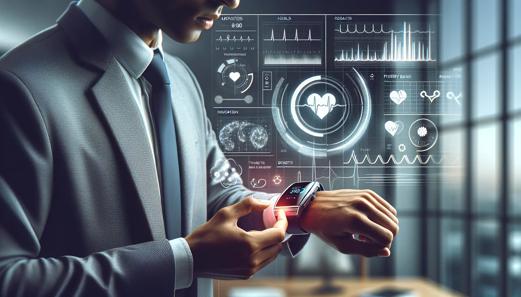 Immagine di un dispositivo indossabile che monitora la salute, mostrando grafici e dati in tempo reale.