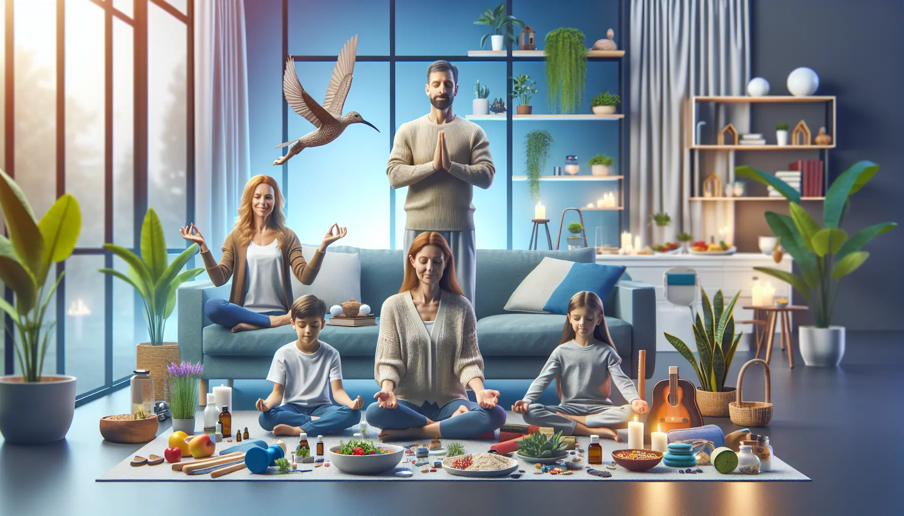 Famiglia che pratica yoga insieme in un ambiente sereno