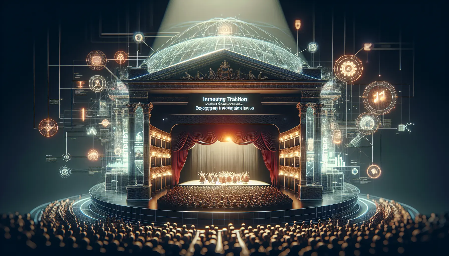 Interno del Theater auf der Wieden durante una rappresentazione, con pubblico coinvolto e artisti sul palco