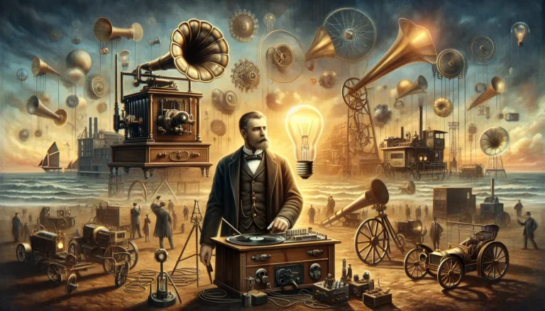 Ritratto di Thomas Alva Edison mentre lavora nel suo laboratorio, circondato da strumenti e invenzioni.