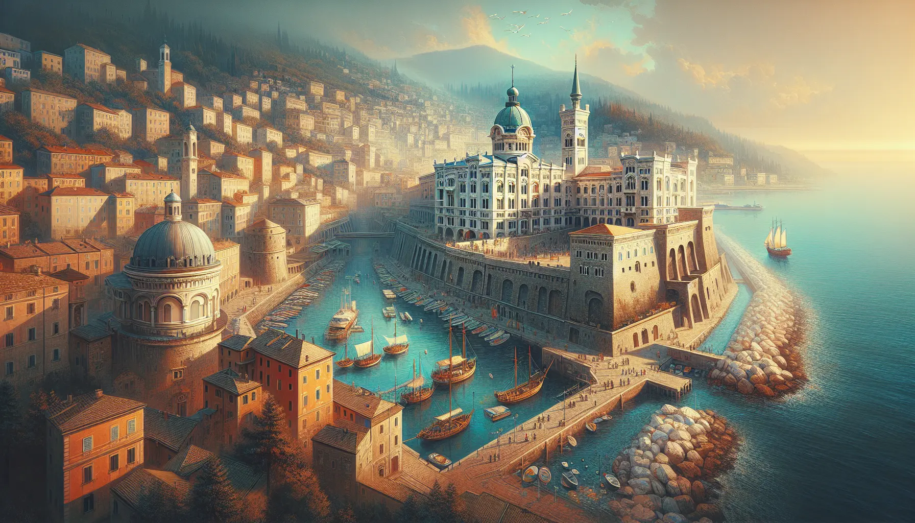 Vista panoramica di Trieste con il mare e il Castello di Miramare sullo sfondo.
