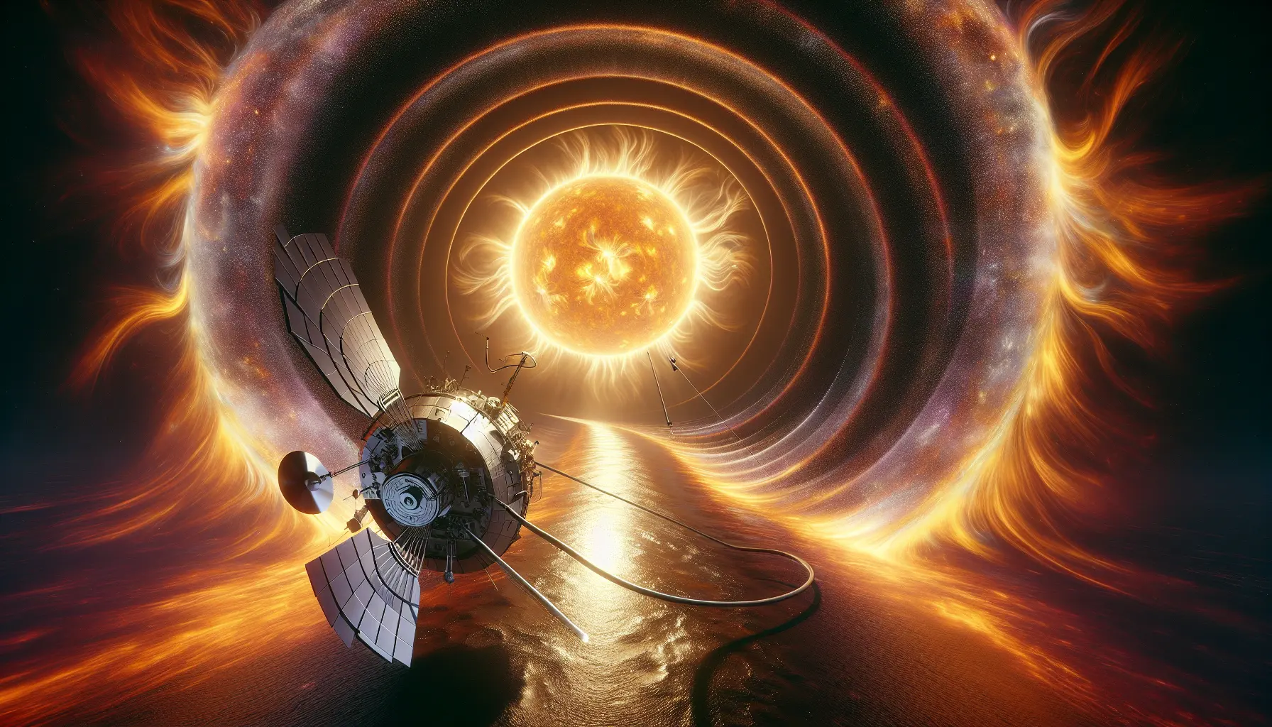 Rappresentazione artistica della sonda Ulysses in orbita attorno al Sole, con il Sole sullo sfondo e il suo campo magnetico visibile.