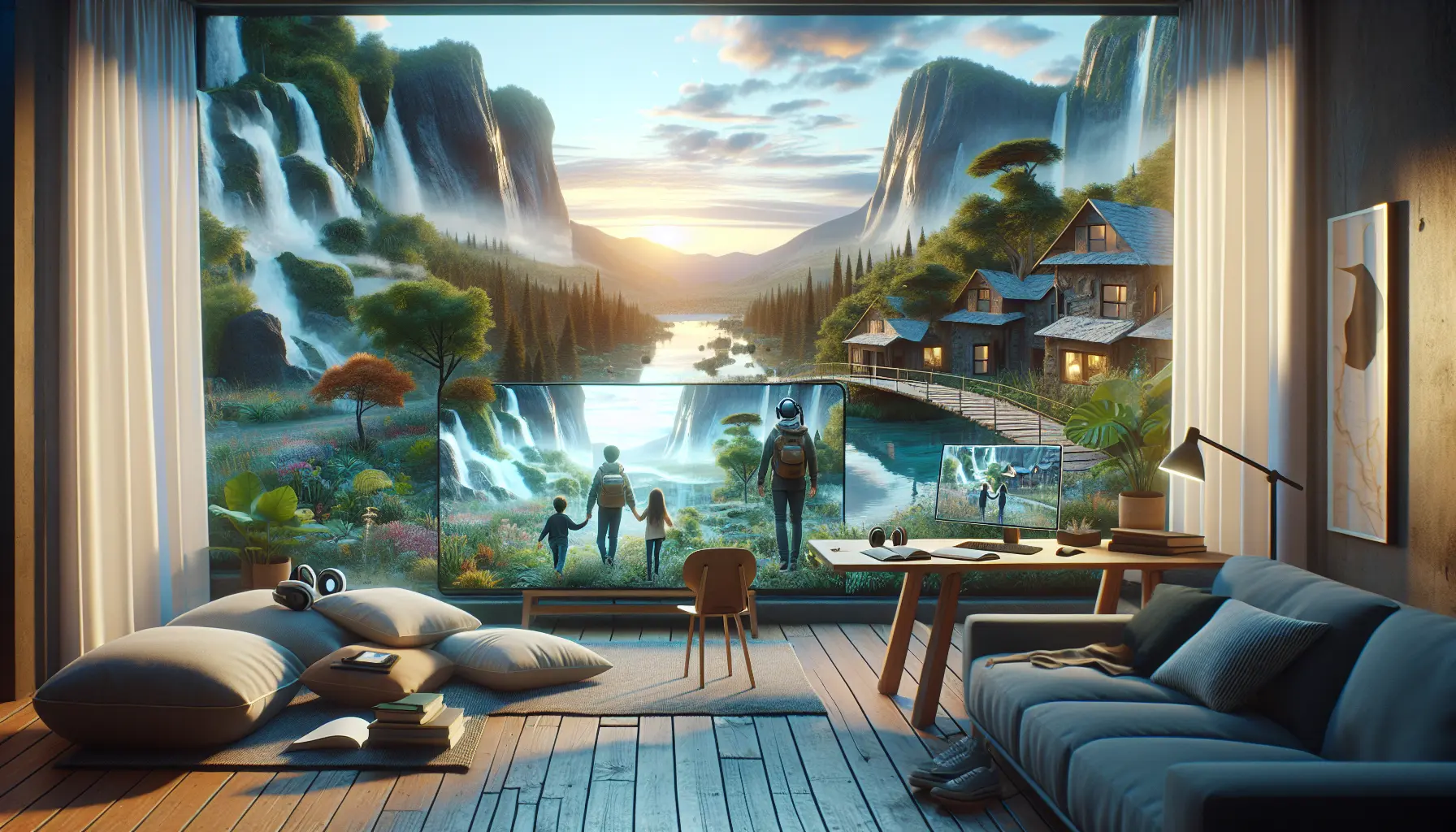 Una famiglia che esplora un paesaggio naturale attraverso un viaggio virtuale, immersi in un'esperienza educativa e coinvolgente.