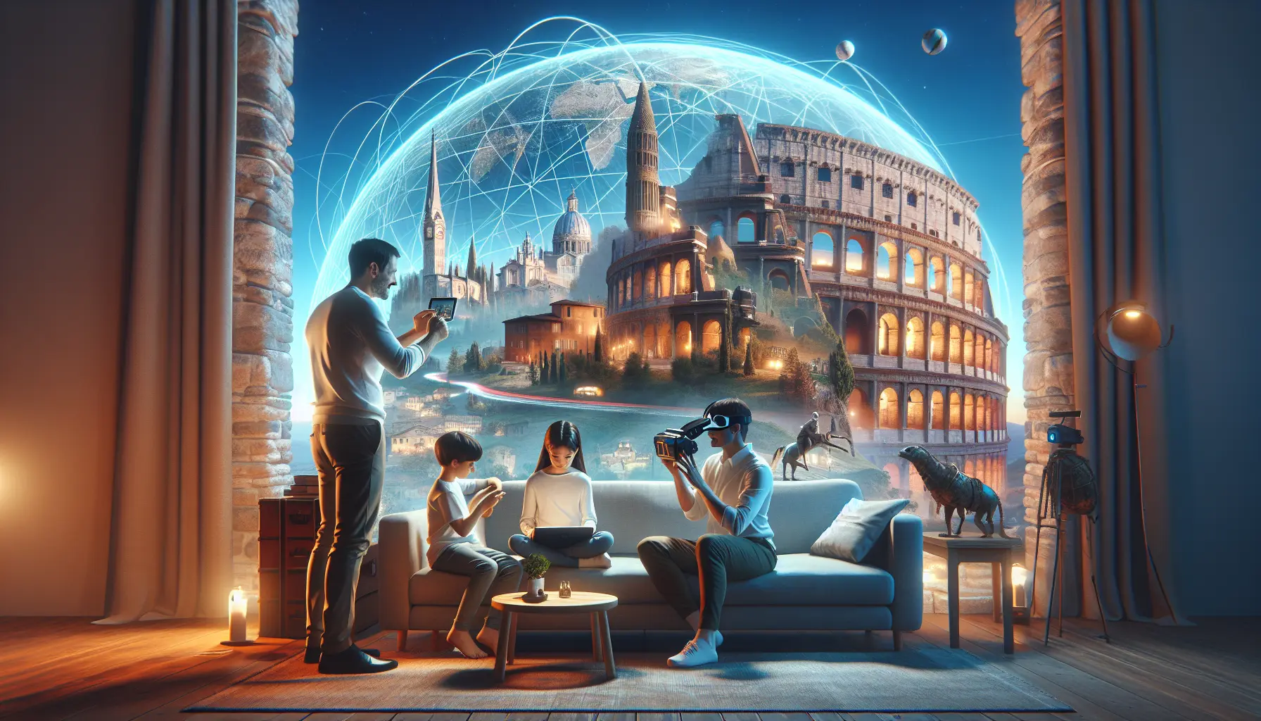 Un'immagine che rappresenta un viaggio virtuale, mostrando una famiglia che esplora un museo attraverso uno schermo.