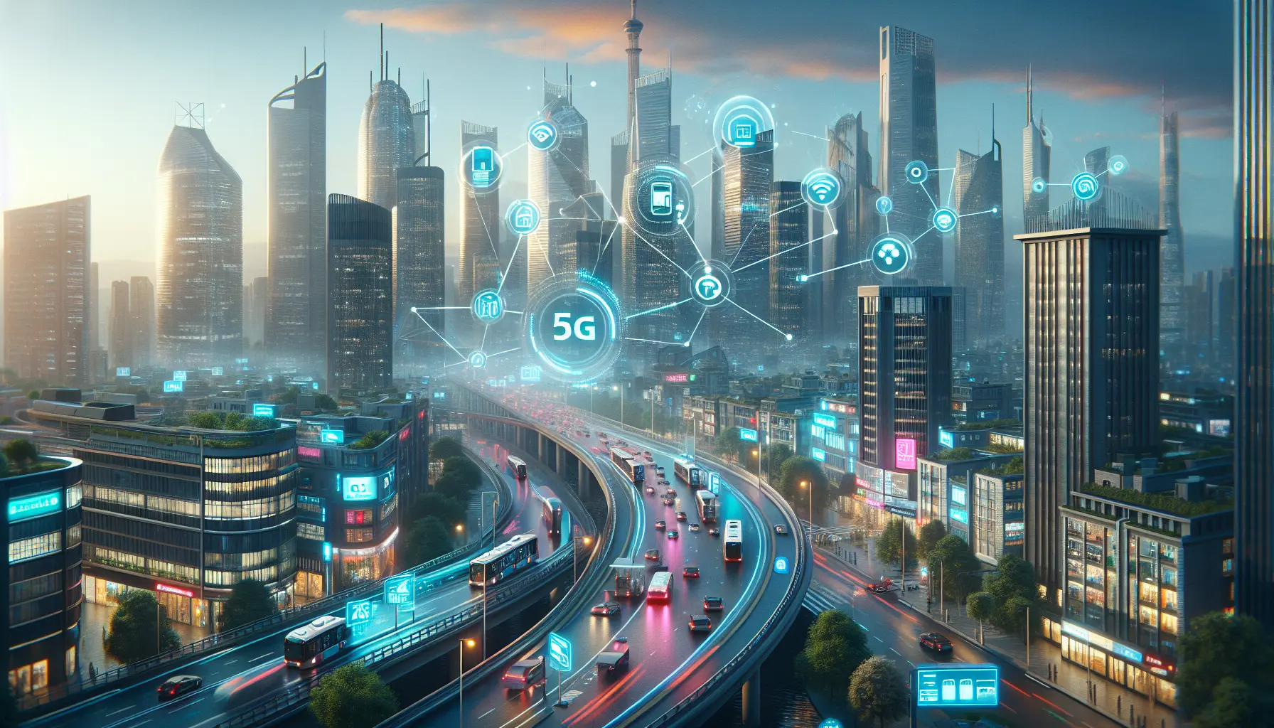 Rappresentazione di una città intelligente con dispositivi IoT e connettività 5G