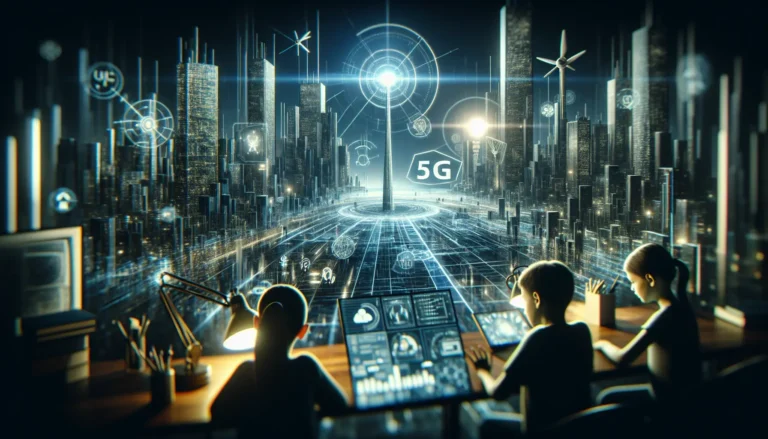 Un'immagine che rappresenta la connessione 5G e la privacy online, con dispositivi mobili e simboli di sicurezza.