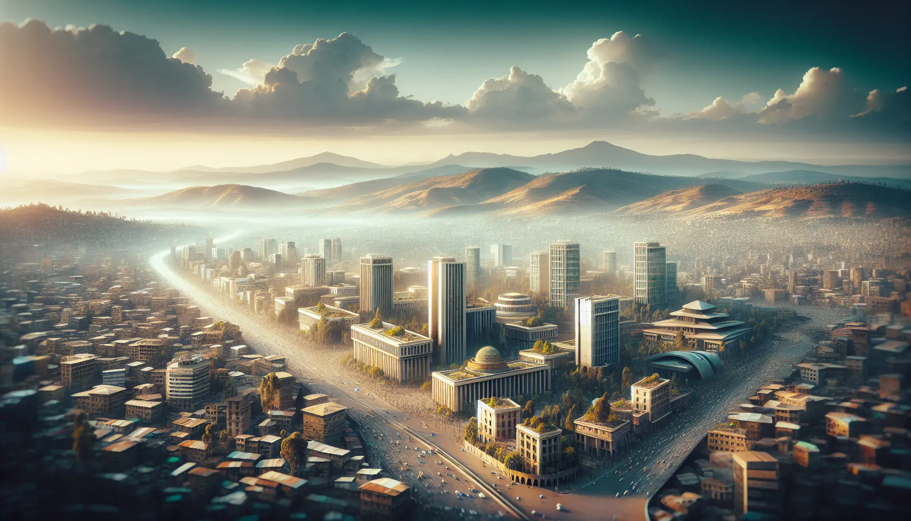 Panorama di Addis Abeba con grattacieli e montagne sullo sfondo