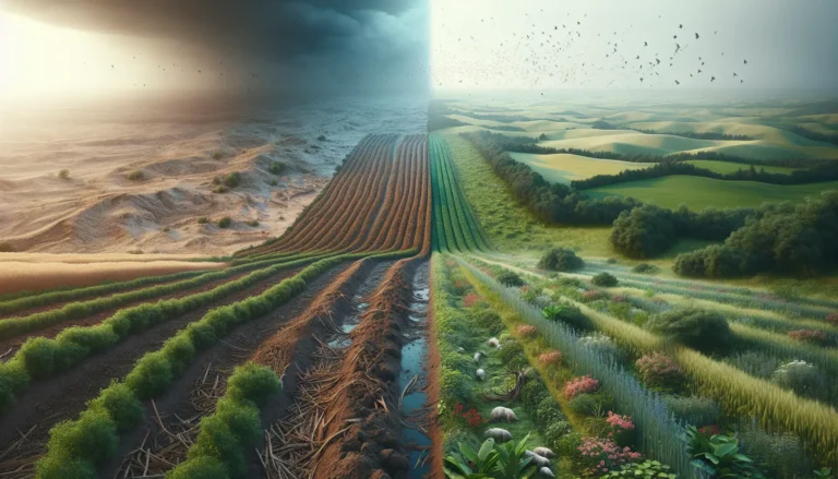 Un campo agricolo rigenerativo con piante verdi e un suolo sano, simbolo di pratiche agricole sostenibili.