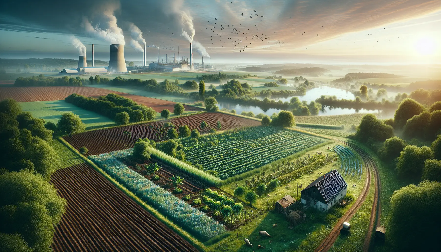 Un campo agricolo rigenerativo con piante verdi e diverse specie vegetali, rappresentante la biodiversità e la salute del suolo.
