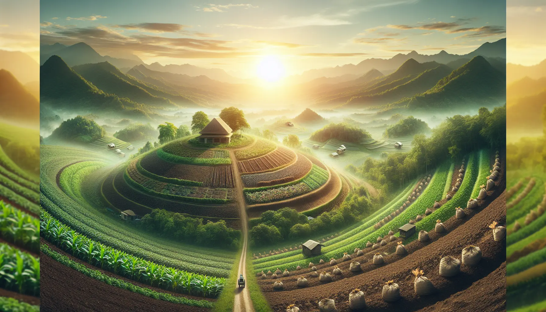 Un campo agricolo rigenerativo con diverse piante e biodiversità floreale