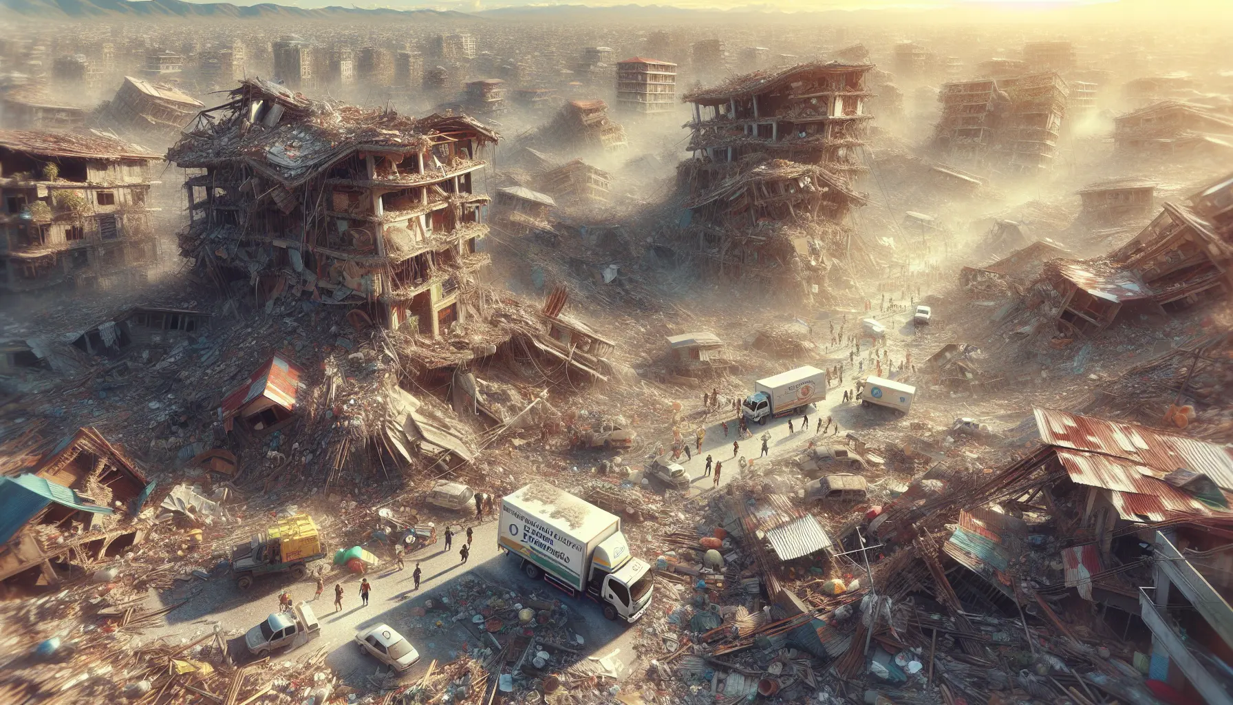 Immagine che rappresenta l'impatto del terremoto nelle Filippine, mostrando edifici danneggiati e soccorritori al lavoro.