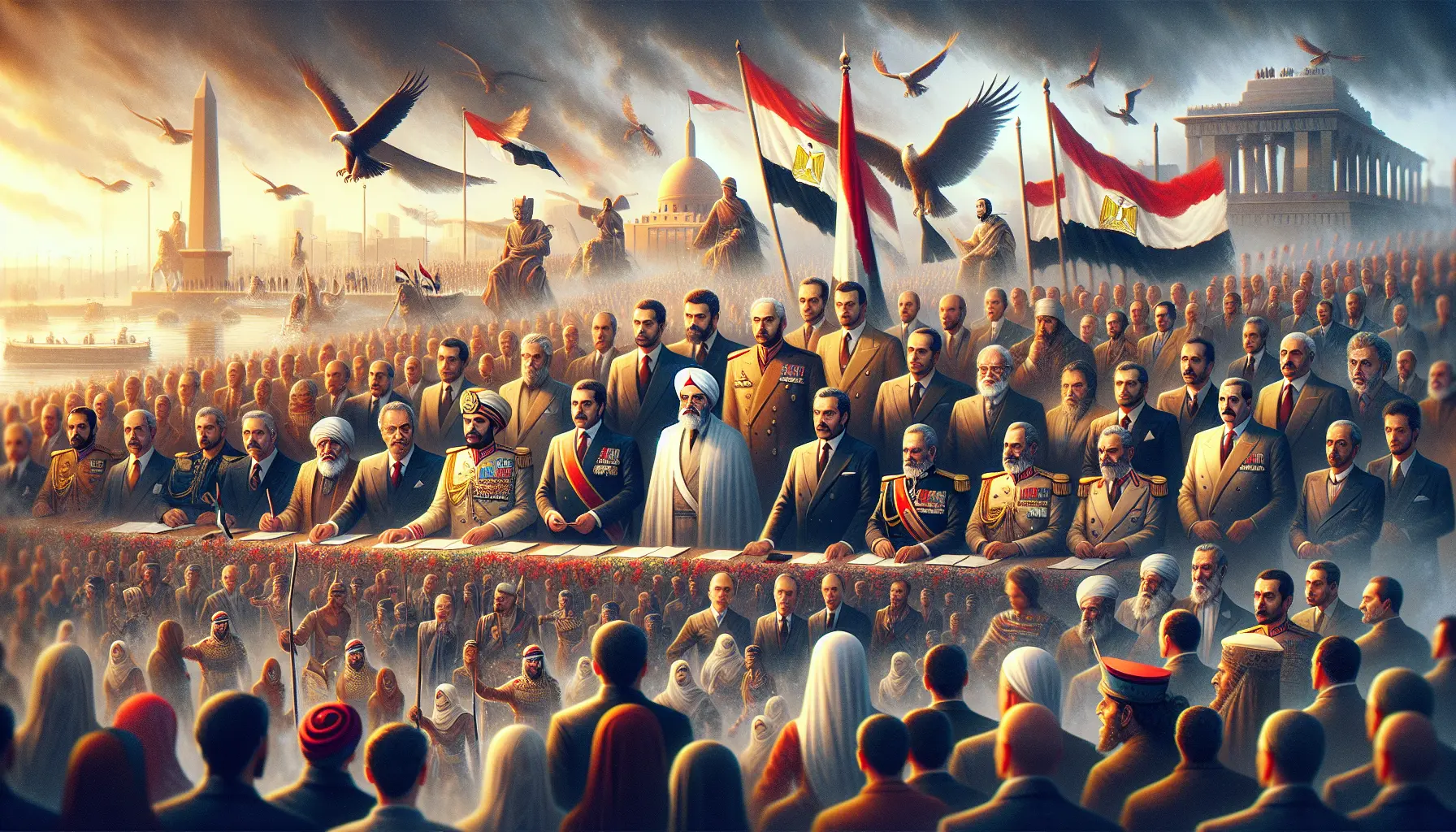 Ritratto di Anwar al-Sadat durante un discorso pubblico, simbolo di pace e cambiamento in Medio Oriente.